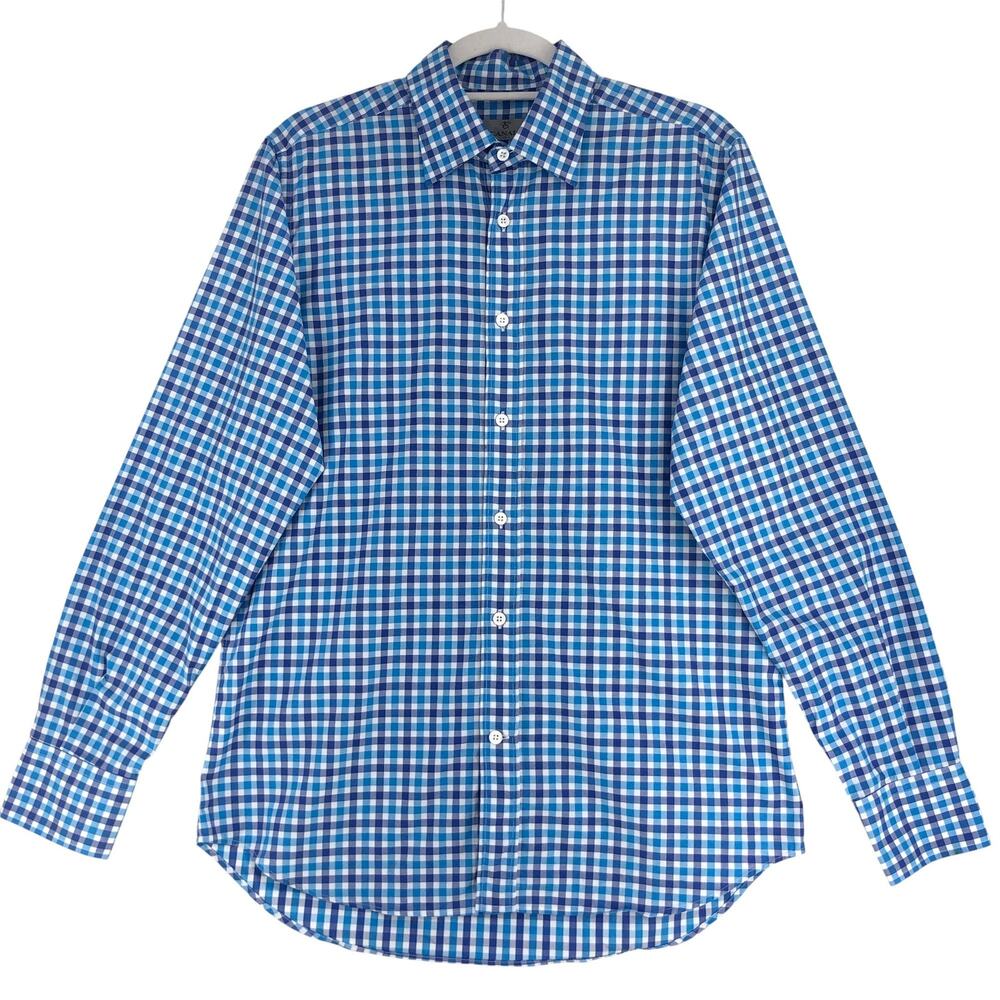 Canali Dress Shirt Mens M Blue Teal Gingham Check Long Sleeve Button 100% Cotton